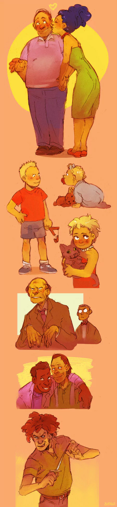 Colorful cartoon characters from The Simpsons TV show are depicted in various poses and interactions against a warm orange background.