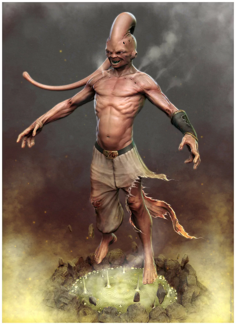 A muscular, humanoid alien character stands amidst a fantasy setting, showcasing a unique design reminiscent of Dragon Ball Z, with an elongated head and a menacing presence.