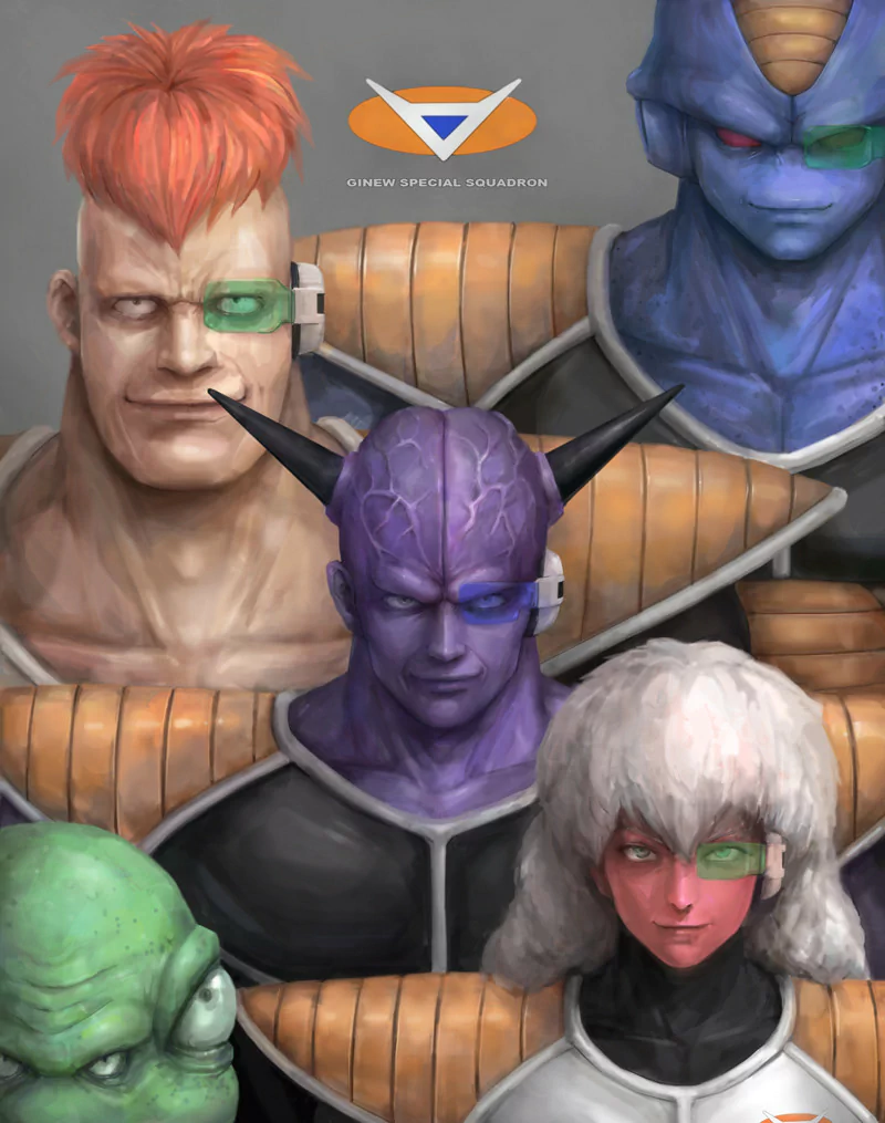 Group portrait of an anime Dragon Ball Z team wearing distinctive armor, featuring diverse characters with unique skin tones and battle visors.