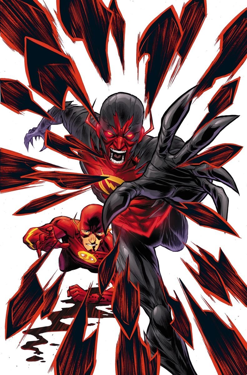 Comic-style illustration of The Flash confronting a menacing, shadowy figure bursting through jagged, red and black shards.