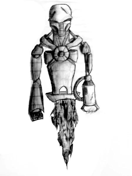 A futuristic Sci-Fi robot with a sleek, armored design and a glowing core, hovering with a trail of energy beneath its lower body.