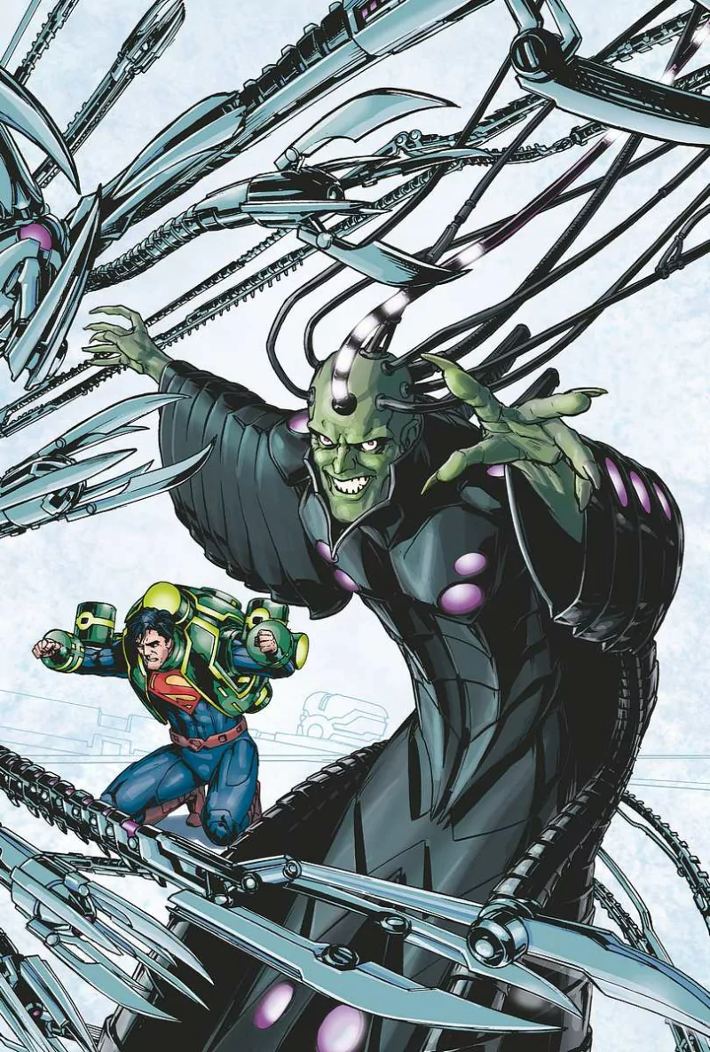 Brainiac confronts Superman in a dynamic DC Comics scene, showcasing their iconic battle amidst swirling tentacle-like machinery. Intense colors highlight the clash of minds and might.