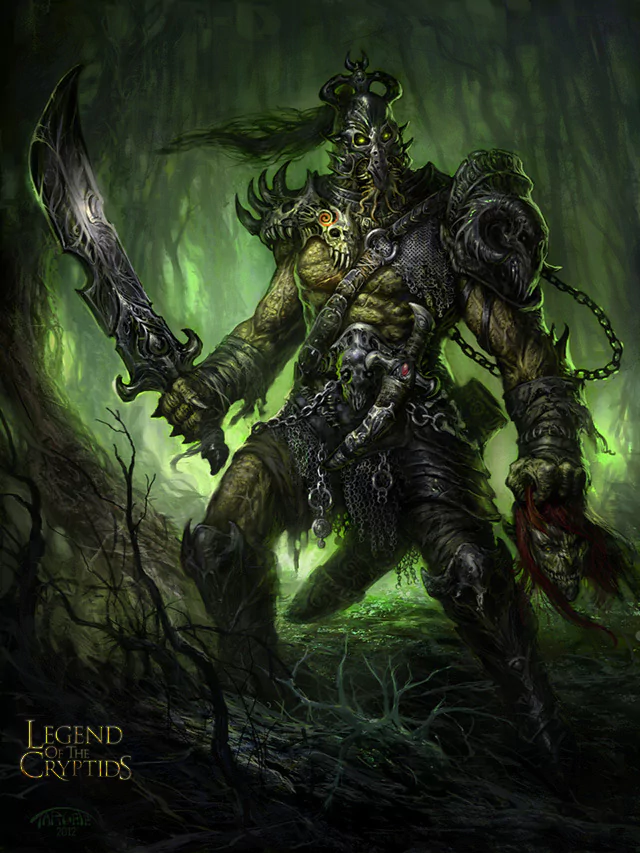 A menacing warrior clad in skulls and chains wields a large curved sword in a dark, eerie forest setting from the video game Legend of the Cryptids.