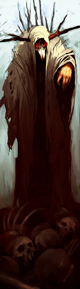 A dark figure draped in tattered robes stands amidst a pile of skulls, with glowing red eyes and skeletal hands, exuding a chilling presence of death and decay.