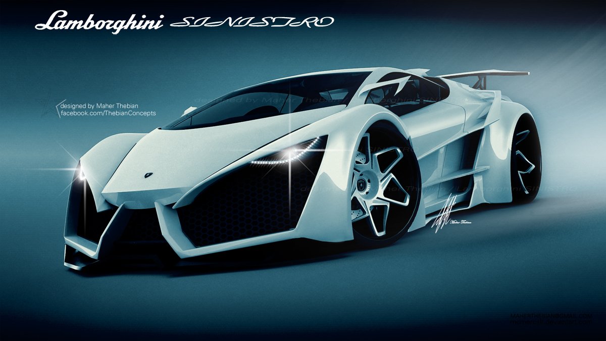 Sleek white Lamborghini Sinistro Concept vehicle with sharp angular design, large rear wing, and futuristic aesthetic parked against a dark gradient background.
