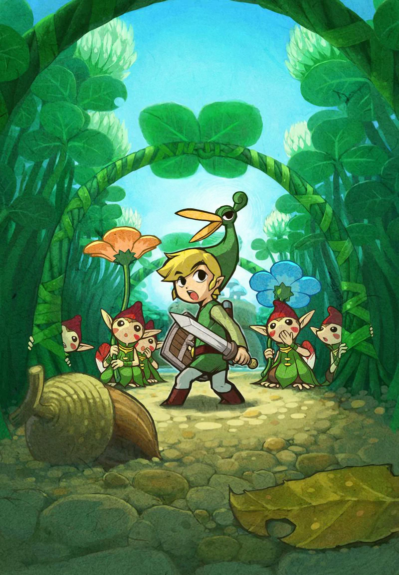 Link from the video game The Legend of Zelda: The Minish Cap stands in a sunlit, leaf‑arched clearing holding sword and shield, flanked by tiny Picori forest folk.