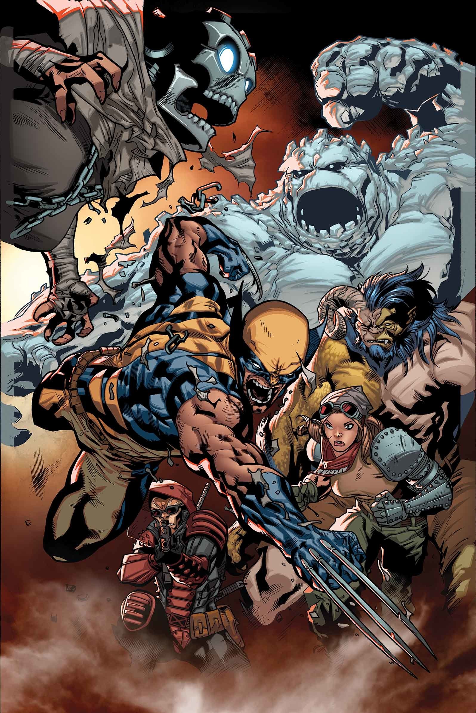 Comic art: Wolverine charges, claws bared, amid X-Men allies and monstrous foes in X-Men: Battle of the Atom.