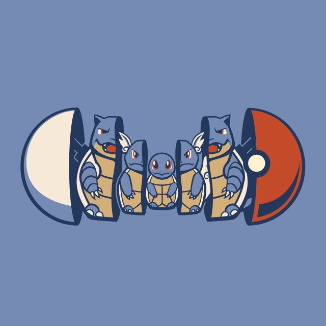 Illustration of Pokémon Squirtle and Blastoise emerging from halves of a Poké Ball against a blue background.