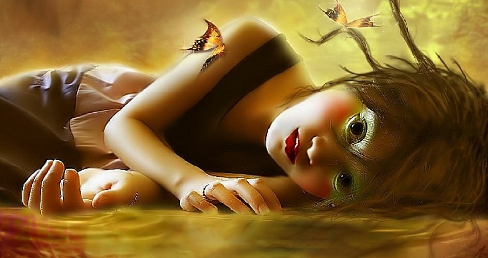 A magical woman lies gracefully, surrounded by delicate butterflies, her enchanting gaze and flowing hair blending with the ethereal background.
