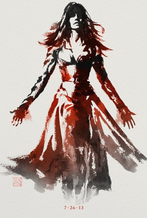 Watercolor-style depiction of Jean Grey as the Phoenix (Marvel Comics) in a flowing red dress, cinematic poster aesthetic referencing the movie The Wolverine.