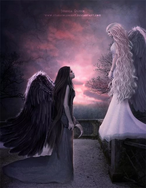 Two fantasy angels with contrasting dark and light wings face each other against a dusky, mystical sky, creating a dramatic and ethereal atmosphere.