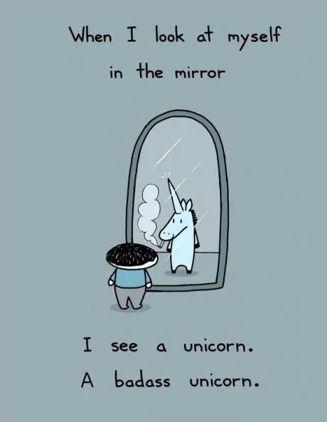Cartoon shows a person looking in a mirror and seeing a funny, confident unicorn, humorously capturing self-perception and imagination.