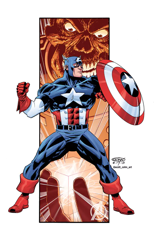Captain America stands confidently in this comic image, poised with his shield, facing a menacing figure in the background, embodying heroism and strength.