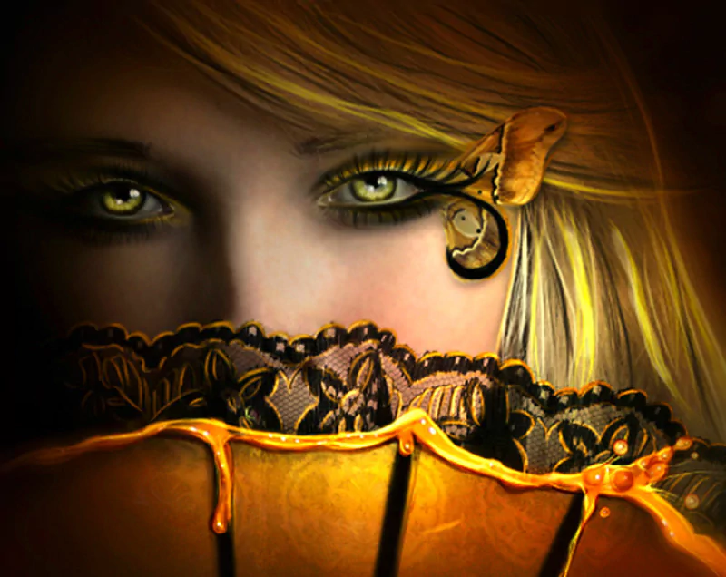 A woman with striking golden eyes peeks out from behind a caramel-colored, ornate fan, her beauty accentuated by intricate lashes and a delicate butterfly adornment.