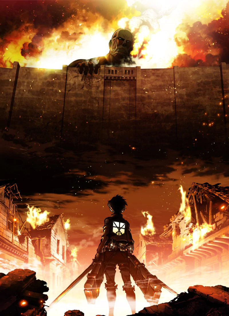 A dramatic scene from Attack on Titan featuring the Colossal Titan looming over a devastated wall, as a lone figure stands amidst the destruction in a fiery landscape.