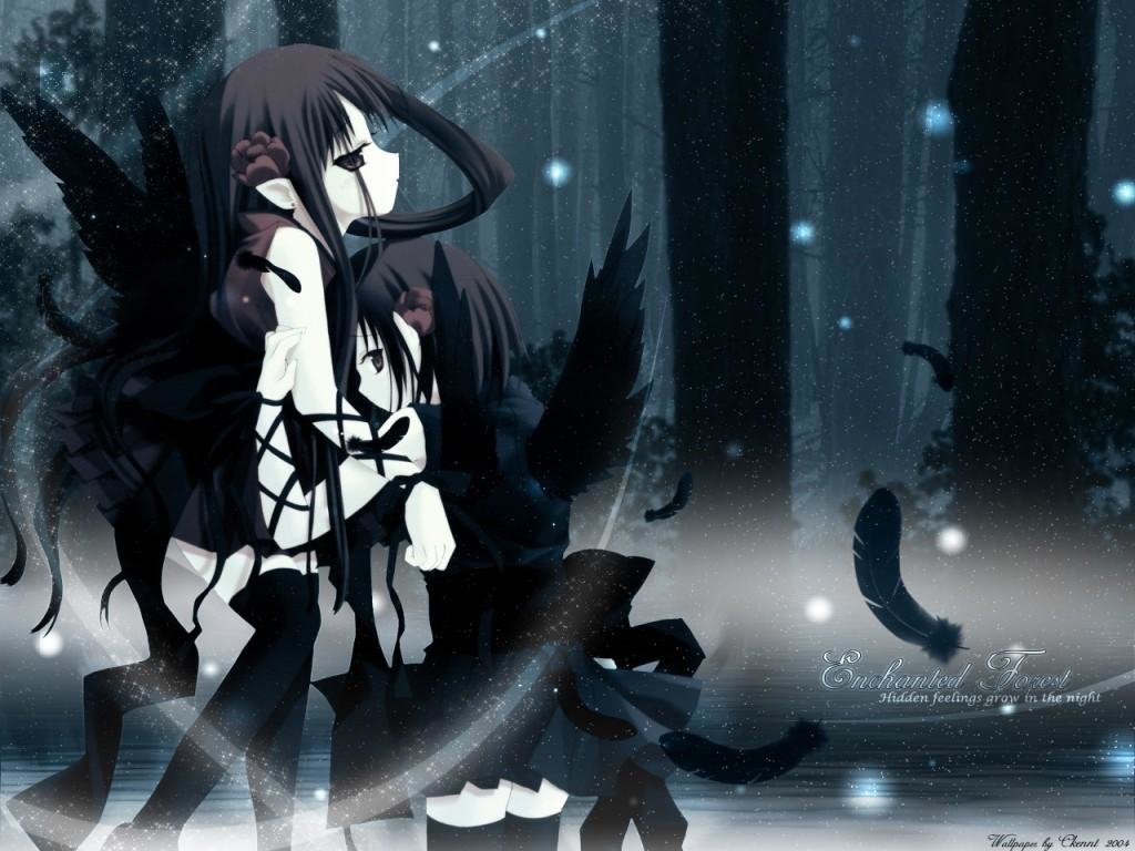 Anime angel with black wings and flowing dark hair standing in a snowy, moonlit forest, ethereal glow and ribbons swirling around her.