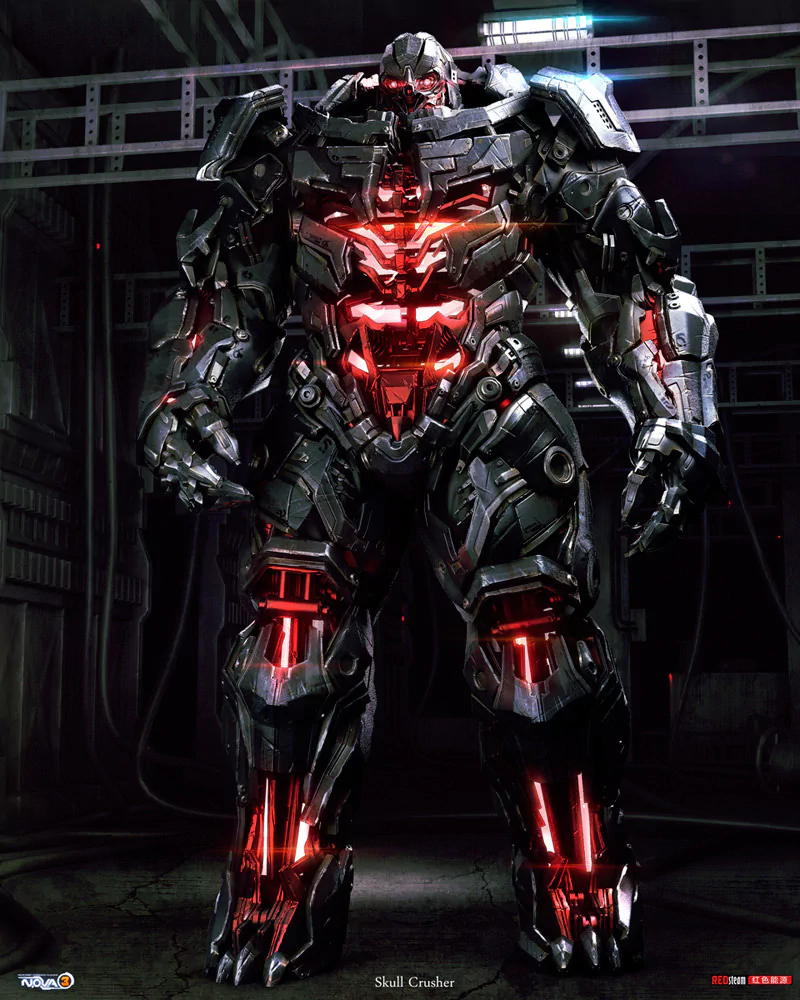 Sci-fi robot in heavy black armor stands in a dark hangar, glowing red core and limb lights, bulky mechanical joints and an imposing power suit.