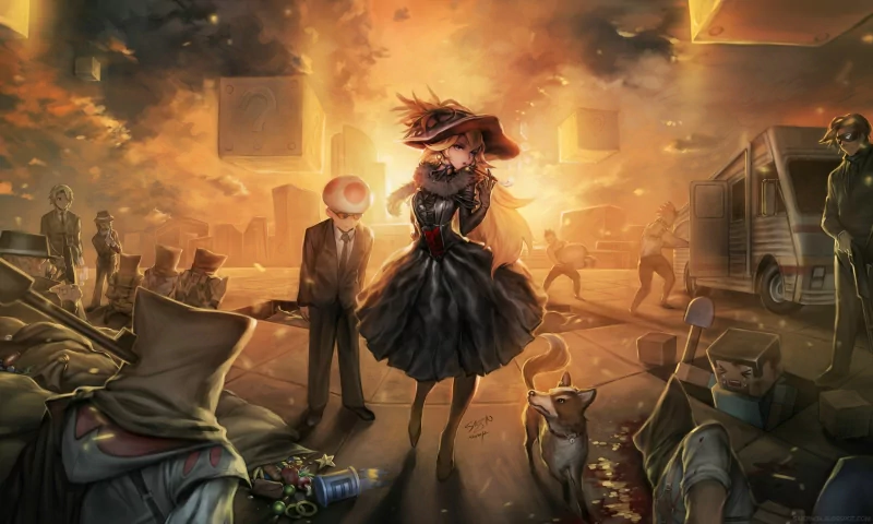 A dystopian, apocalyptic scene inspired by video games like Mario featuring a woman in a dark dress amid a ruined cityscape with shadowy figures and debris.