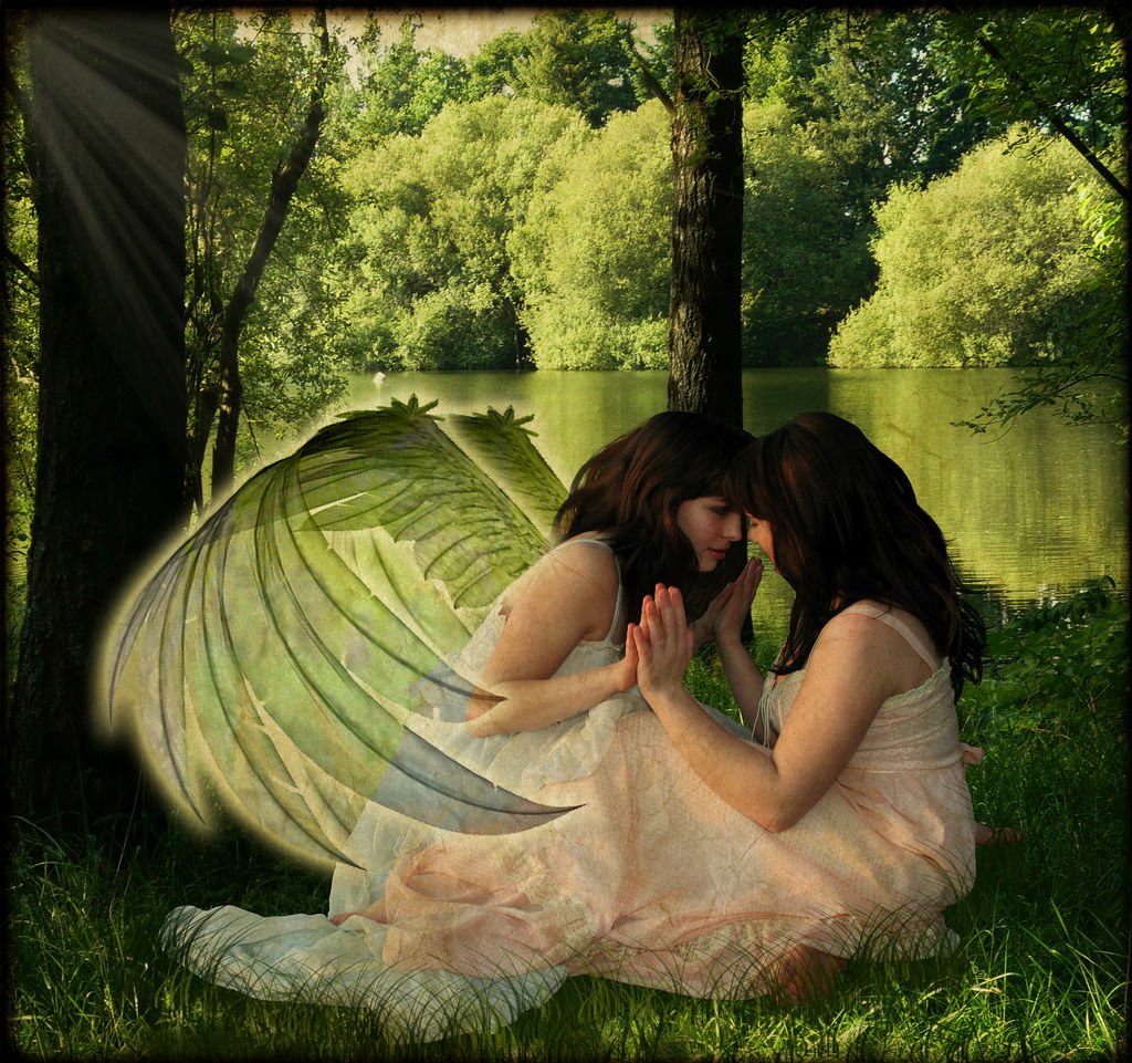 A serene scene by a tranquil pond, featuring two women with angelic wings, surrounded by lush nature and soft sunlight, embodying a sense of mystery and connection.