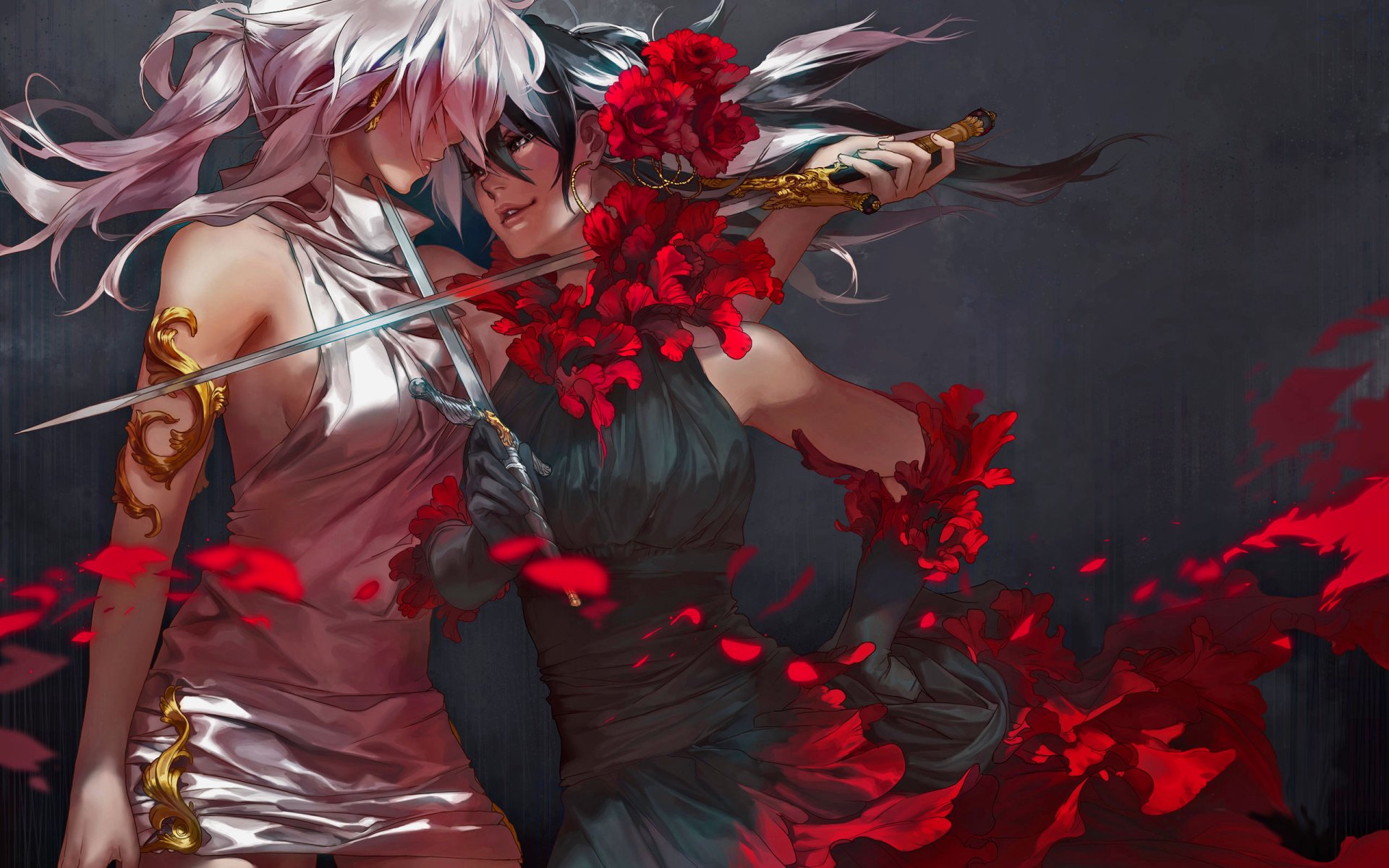 A dramatic scene from the Carciphona comic shows two characters, one with white hair and the other dark-haired, entwined with a blood-red floral motif and a sword.