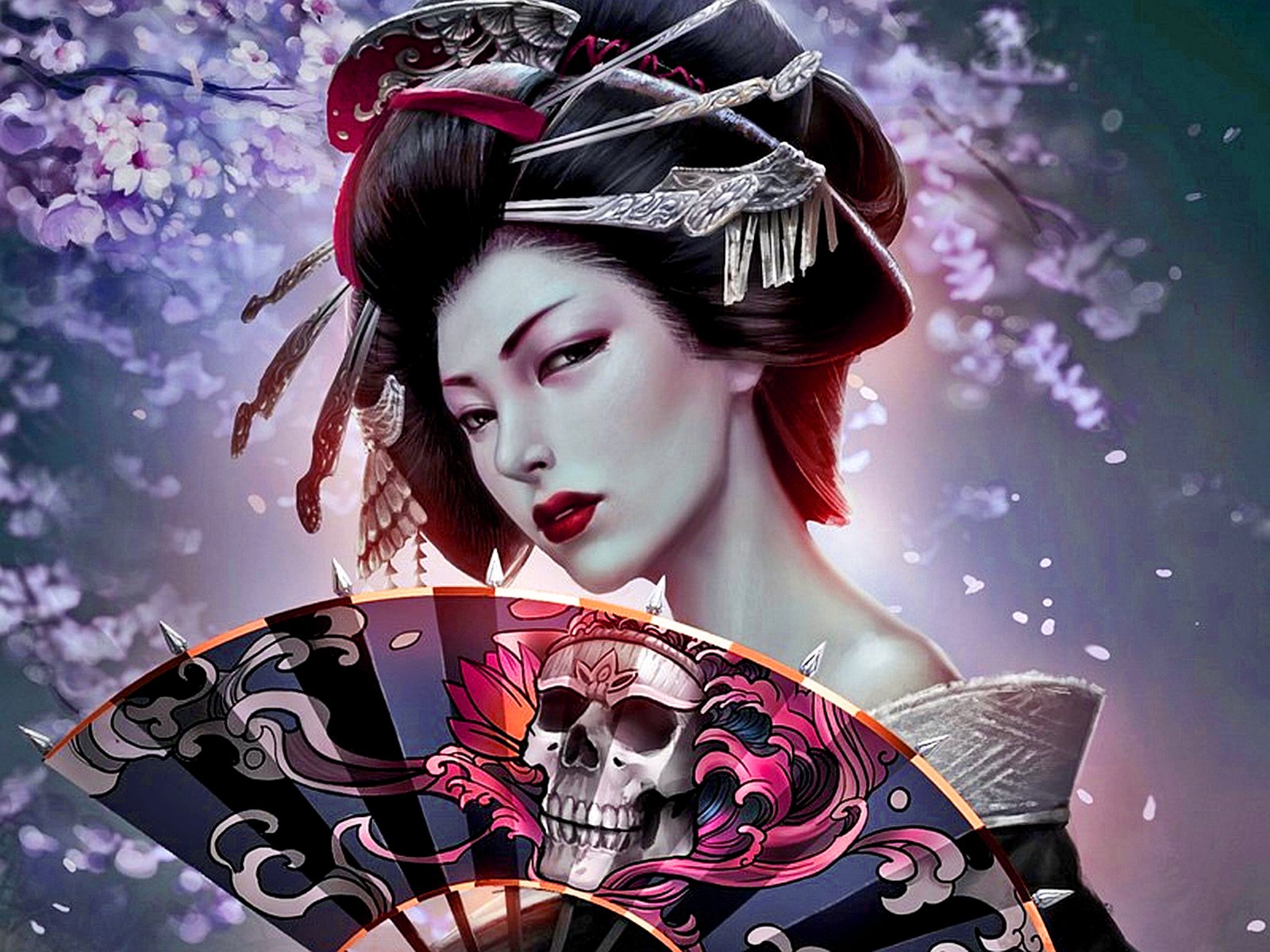 A fantasy-themed woman with traditional hair ornaments holds a fan decorated with a vibrant skull design, set against a backdrop of blooming cherry blossoms.