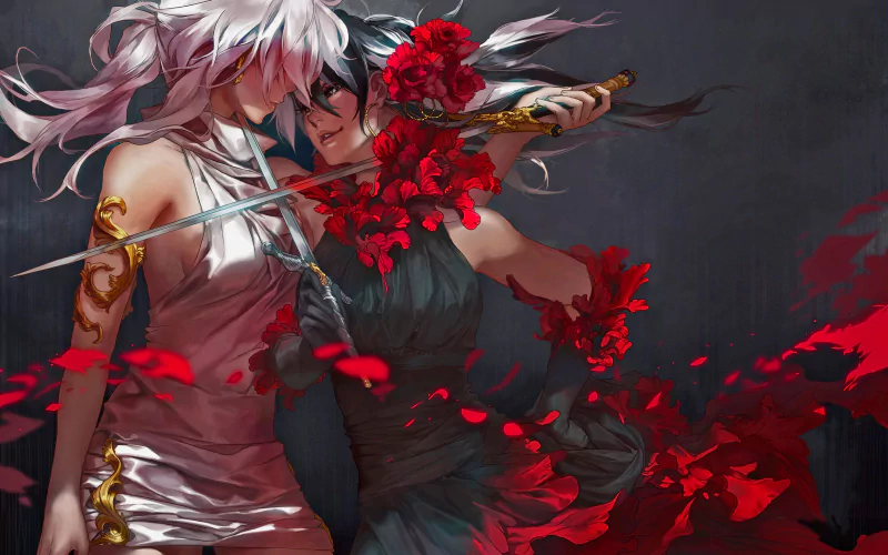 A dramatic scene from the Carciphona comic shows two characters, one with white hair and the other dark-haired, entwined with a blood-red floral motif and a sword.
