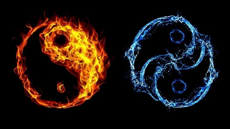 A fiery red and a cool blue Yin Yang symbol, inspired by religious themes and The Expendables, glowing against a black background.