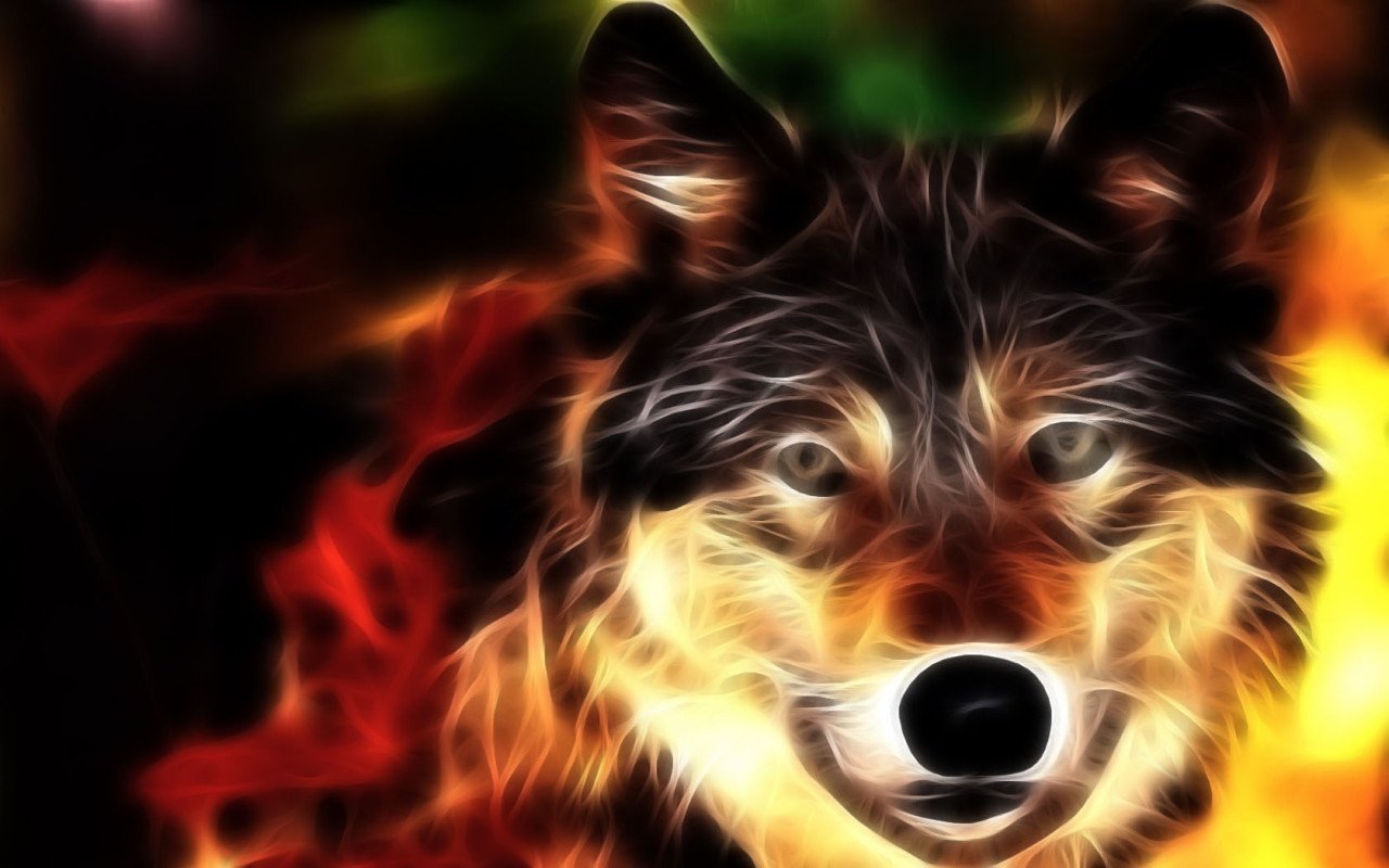 Stylized, glowing wolf (animal) portrait with intense eyes and fiery red‑and‑yellow backlighting.