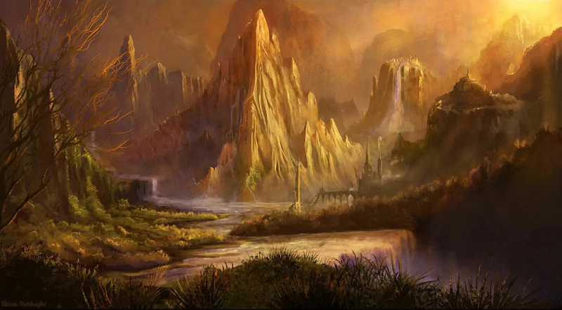A breathtaking landscape featuring towering mountains, a serene river, and a cascading waterfall. Remnants of a lost city blend harmoniously with the natural beauty surrounding it.
