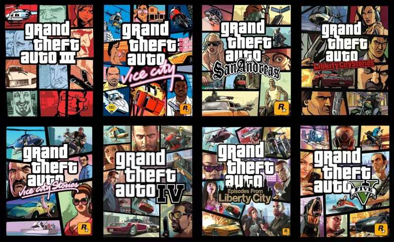 Collage of Grand Theft Auto video game covers in a grid, featuring art from GTA III, Vice City, San Andreas, Liberty City stories, and Grand Theft Auto V.