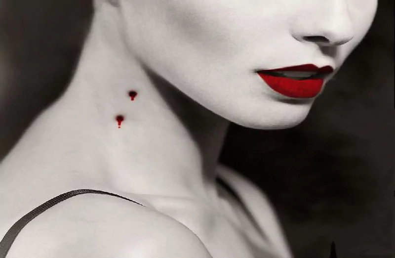 A dark, atmospheric portrait featuring a woman with striking red lips and blood droplets on her neck, capturing a haunting vampire aesthetic.