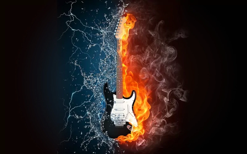 An electric guitar stands amidst vibrant flames and swirling smoke, symbolizing the powerful energy of music and creativity.