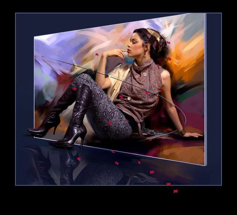 A sassy woman in stylish boots sits gracefully against an artistic background, radiating confidence and flair, with hints of syrupy tones enhancing the vibrant scene.