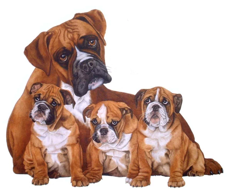 A cute boxer dog poses with three adorable puppies, showcasing their playful expressions and distinct fawn coats, embodying the charm of this loving breed.