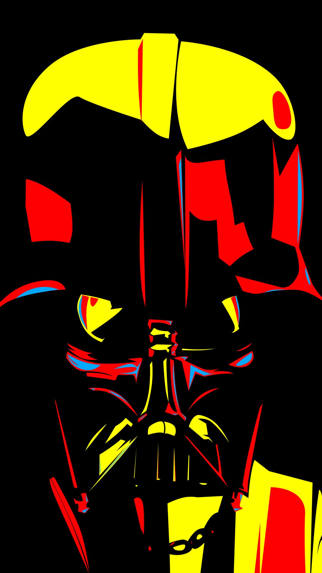 Comic-style Star Wars portrait of Darth Vader in bold red and yellow on black, emphasizing his helmet, eyes, and respirator grille.