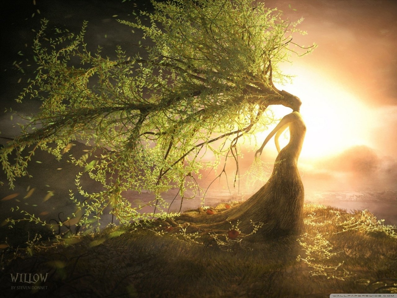 A sylvan god-like figure emerges from nature, blending seamlessly into a tree with lush branches under a glowing, ethereal light.