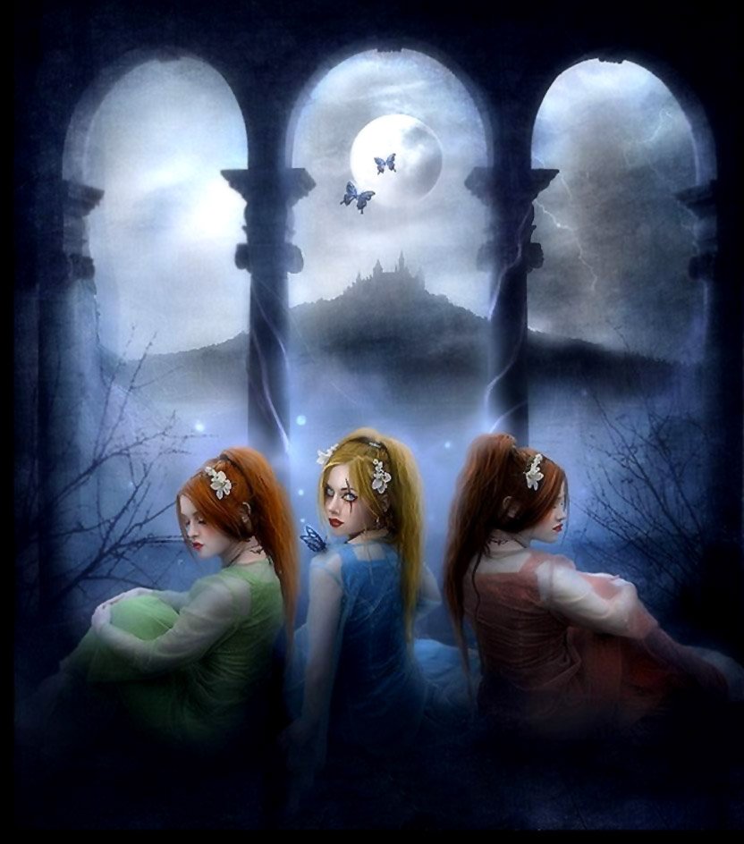 Three women with ponytails, one brunette and two blondes, sit back-to-back in a foggy, fantasy scene with a castle in the background, adorned with flowers and fluttering butterflies.