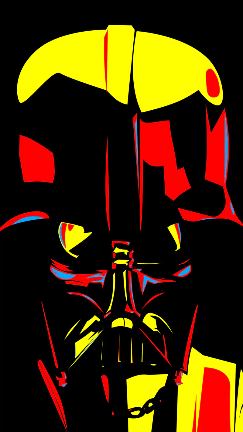 Comic-style Star Wars portrait of Darth Vader in bold red and yellow on black, emphasizing his helmet, eyes, and respirator grille.