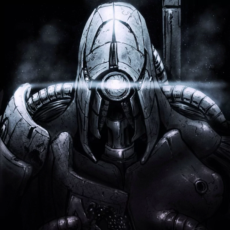 Close-up of a Mass Effect–style armored robot: weathered helmet with a central glowing eye, heavy plated shoulders and a smoke-filled dark background.