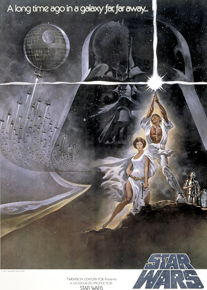 Poster for Star Wars Episode IV: A New Hope — Luke raises a glowing lightsaber, Leia at his side, Darth Vader’s helmet looms above, the Death Star and starfighters fill the starry background.