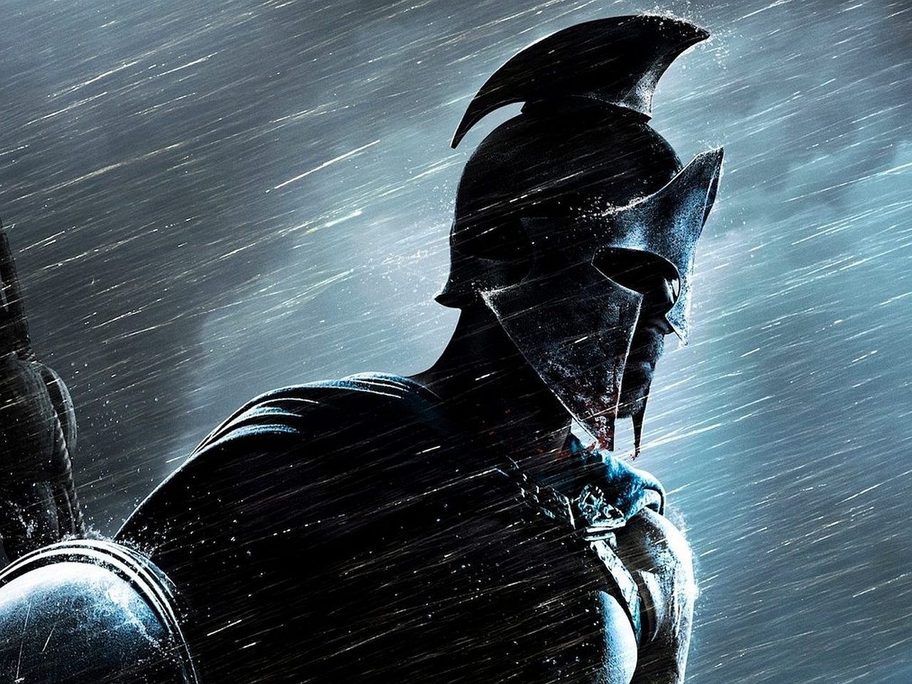 Armored Greek warrior in a plumed helmet and shield, rain-lashed profile close-up from the movie 300: Rise of an Empire.