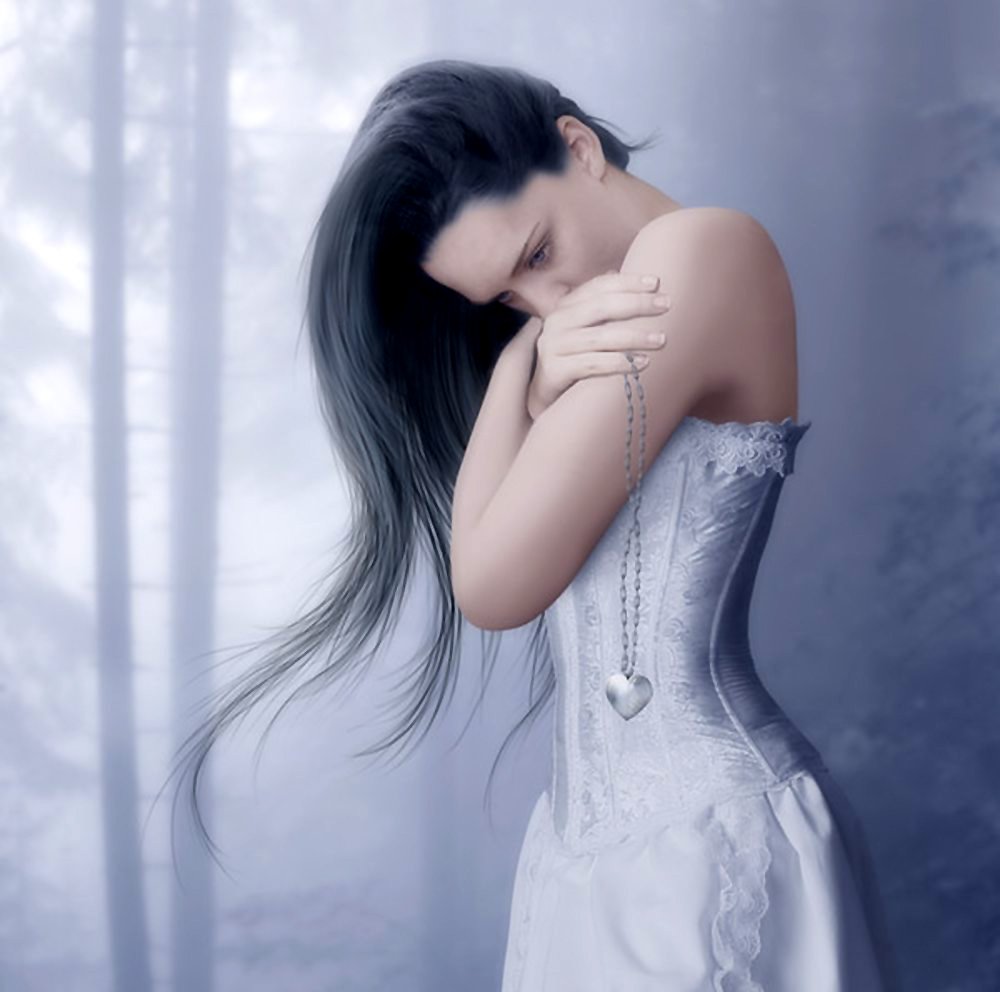 A desolate figure stands in a foggy forest, clutching a broken heart necklace, embodying feelings of loneliness and sorrow amidst the ethereal atmosphere.