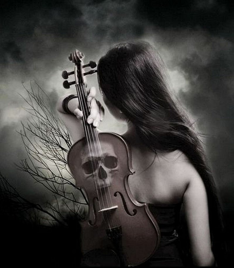 A woman with long hair holds a violin featuring a skull design, set against a moody, dark background. The imagery evokes a strong emo aesthetic.