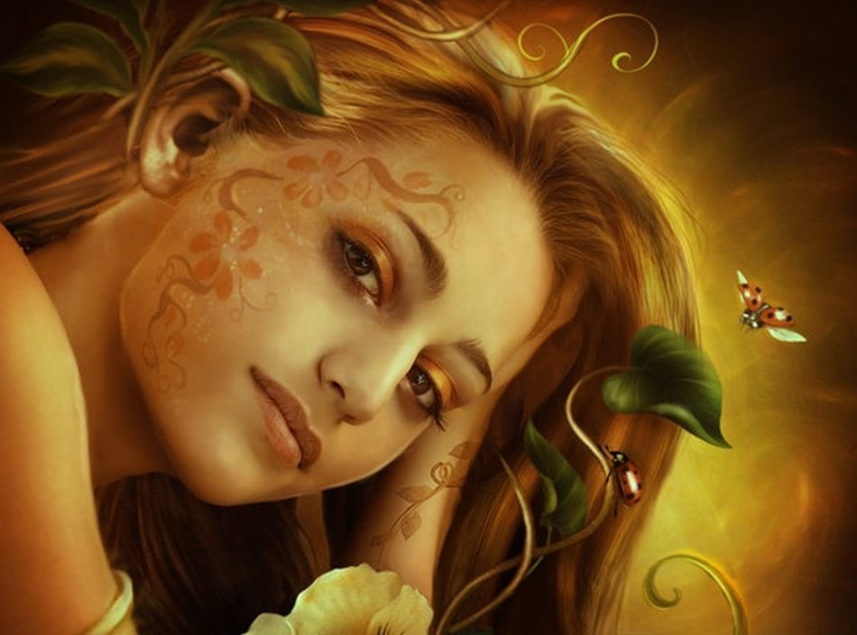 A fantasy-inspired design featuring a woman with floral patterns on her face, surrounded by lush greenery and delicate insects, creating an enchanting, dreamy atmosphere.
