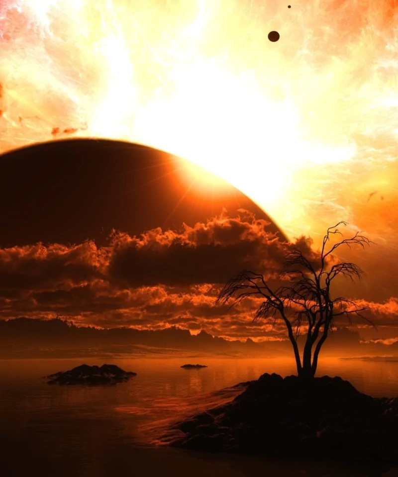 Artistic depiction of a dramatic sunset over water with a silhouetted barren tree and a large celestial body in the sky, blending nature with a surreal, cosmic atmosphere.