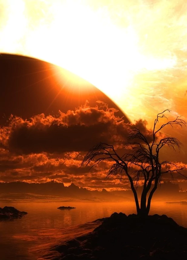 A striking artistic depiction of nature, featuring a silhouetted tree against a vibrant sunset, with a dramatic celestial backdrop and reflective water.