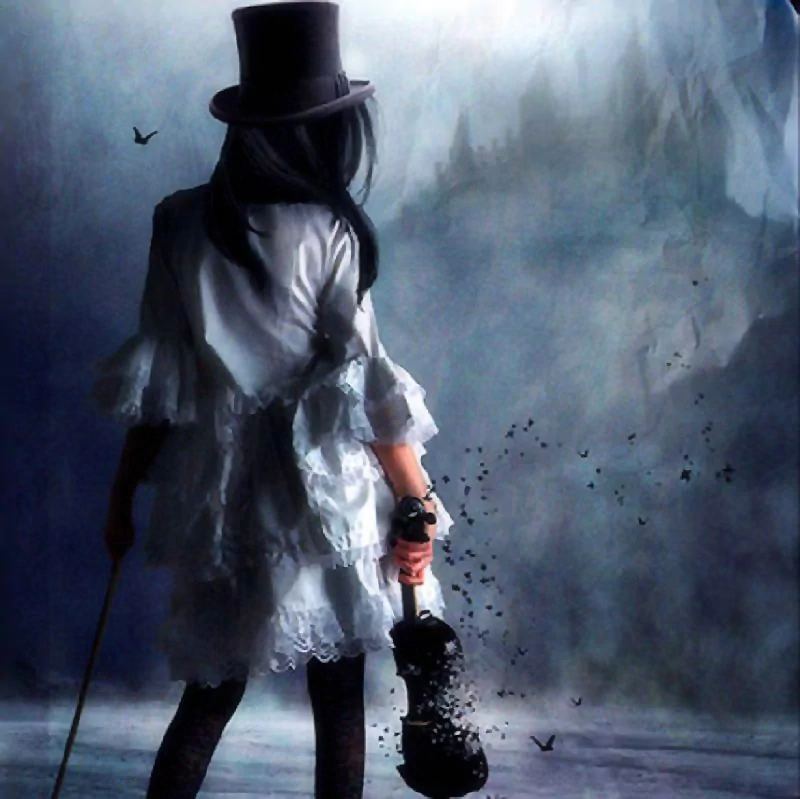 A woman in a gothic outfit and top hat stands against a foggy backdrop, with a distant mountain and castle. Bats and birds flutter around, enhancing the artistic, mysterious atmosphere.