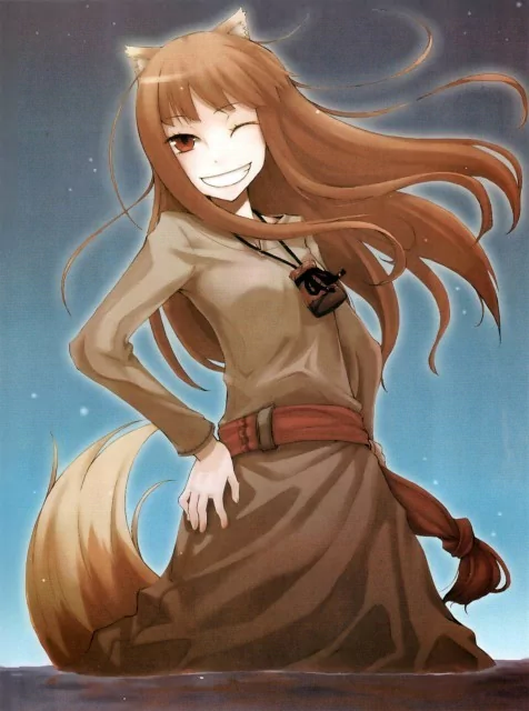Anime-style illustration of a smiling fox girl with long brown hair and ears, inspired by Spice and Wolf, set against a soft blue background.