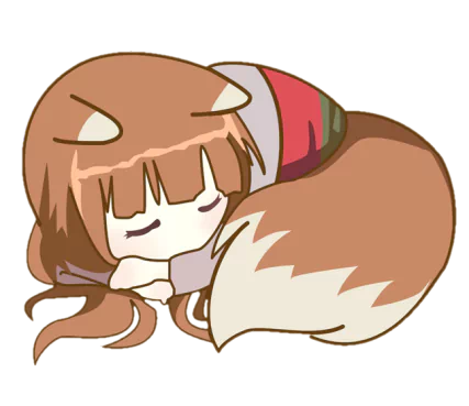 Anime-style cartoon of a sleeping fox girl with fox ears and a large bushy tail, inspired by Spice and Wolf.