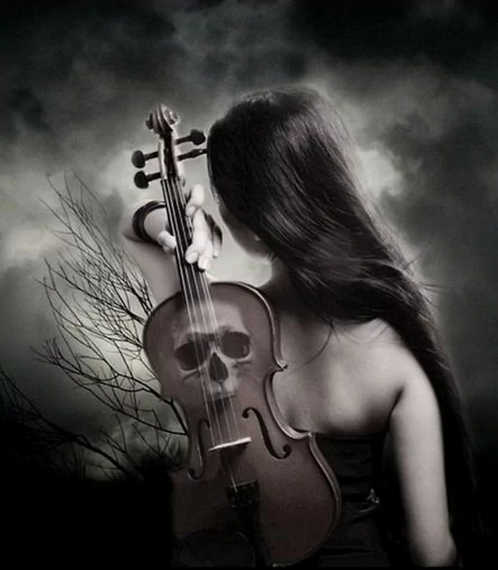 A woman with long hair holds a violin featuring a skull design, set against a moody, dark background. The imagery evokes a strong emo aesthetic.